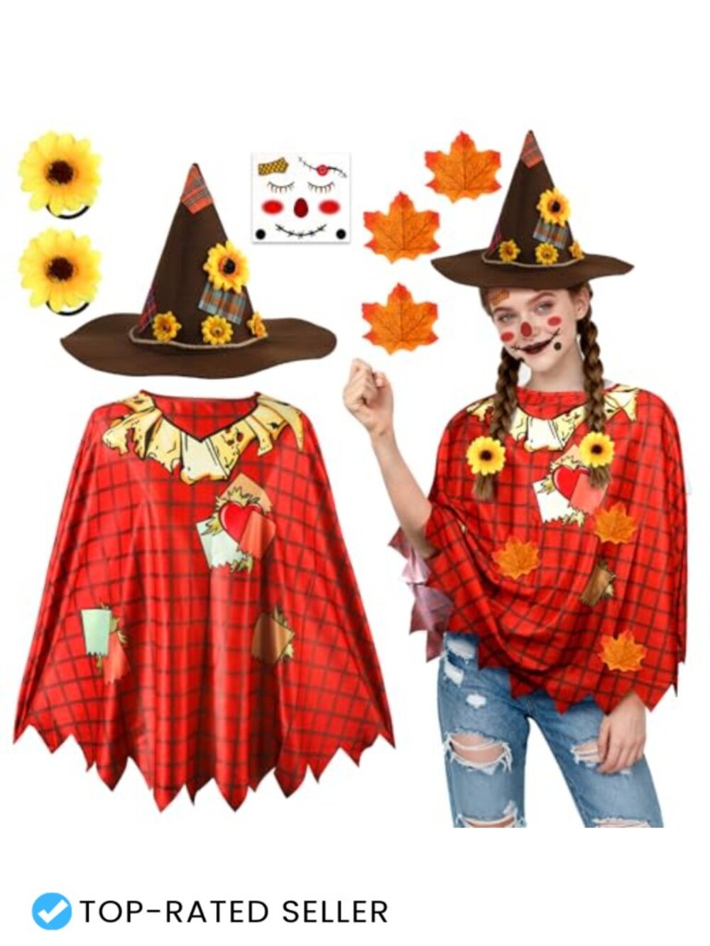 Scarecrow Costume Set Poncho Hat Face Decals Sunflower Hairbands for Halloween